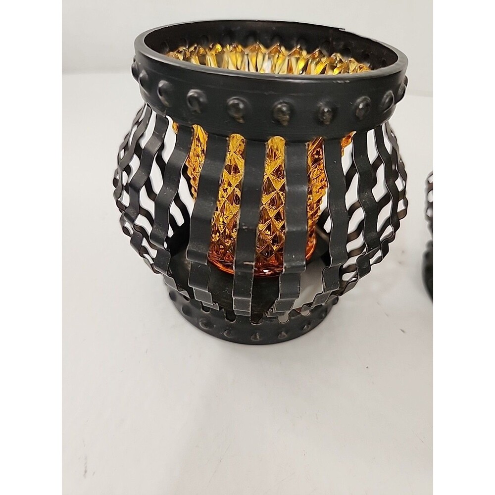Vintage Candle Holder Black Metal Cage Set 2 Amber Glass Votive MCM - Picture 4 of 7